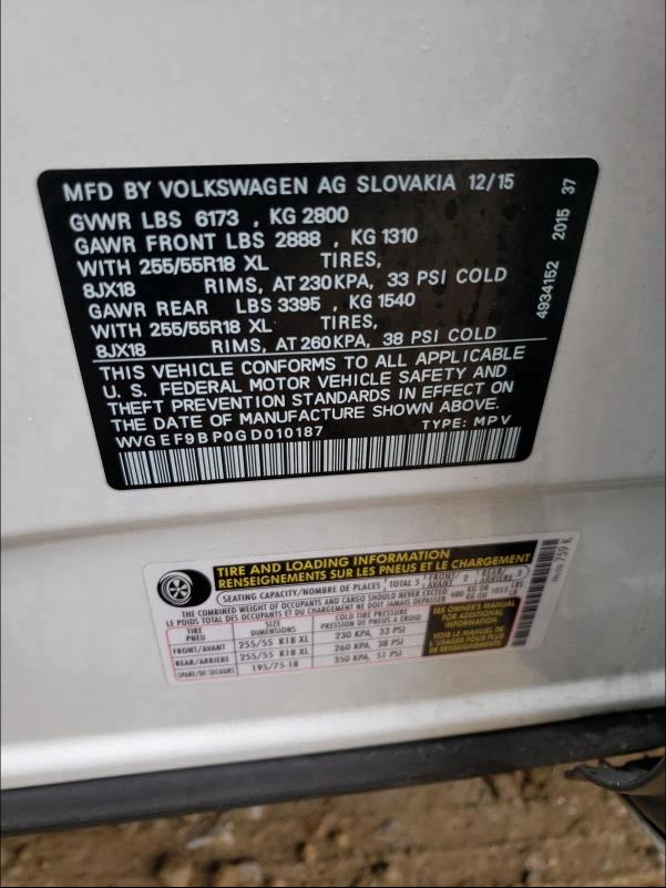 2016 VOLKSWAGEN TOUAREG SP WVGEF9BP0GD010187