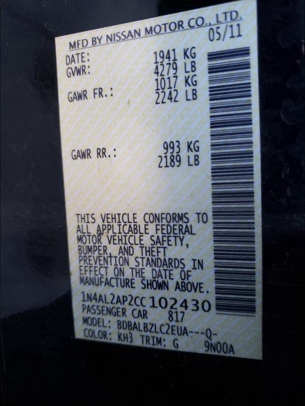 2012 NISSAN ALTIMA 1N4AL2AP2CC102430