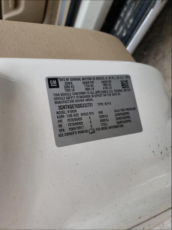 VIN: 3GNTKGE76DG232701 Auction: COPART Lot: 29778931 Location: TN - KNOXVILLE 3GNTKGE76DG232701 CHEVROLET AVALANCHE 2013 WHITE Photo 10