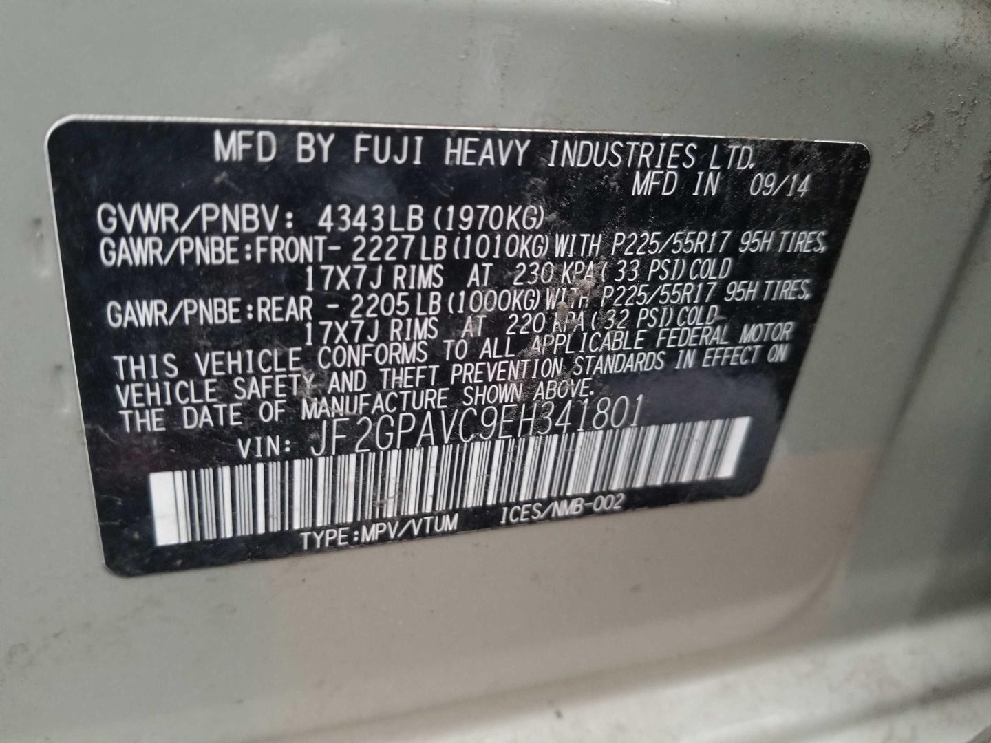 2014 SUBARU XV CROSSTR JF2GPAVC9EH341801