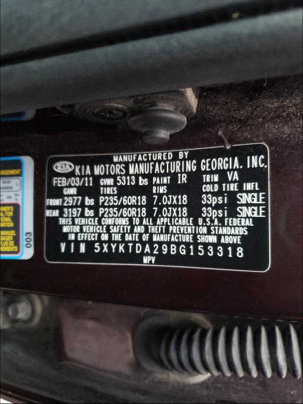 2011 KIA SORENTO BA 5XYKTDA29BG153318
