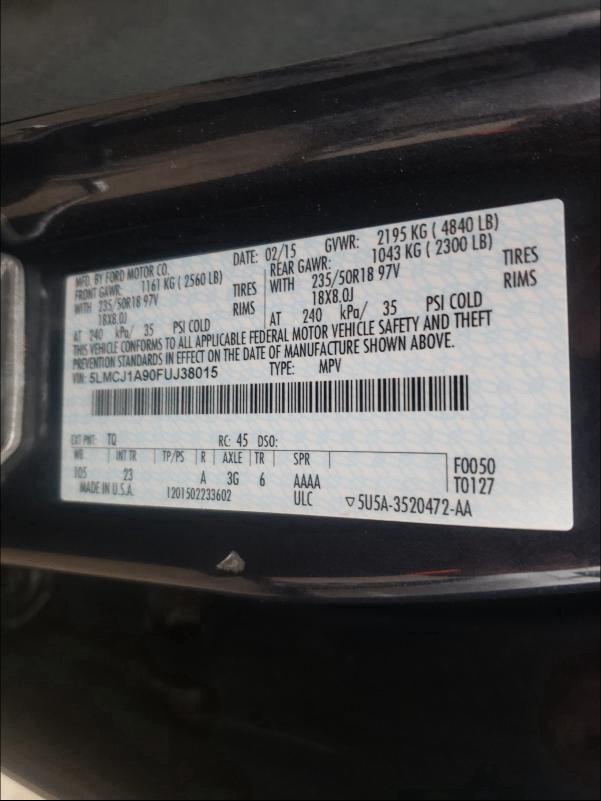 2015 LINCOLN MKC 5LMCJ1A90FUJ38015