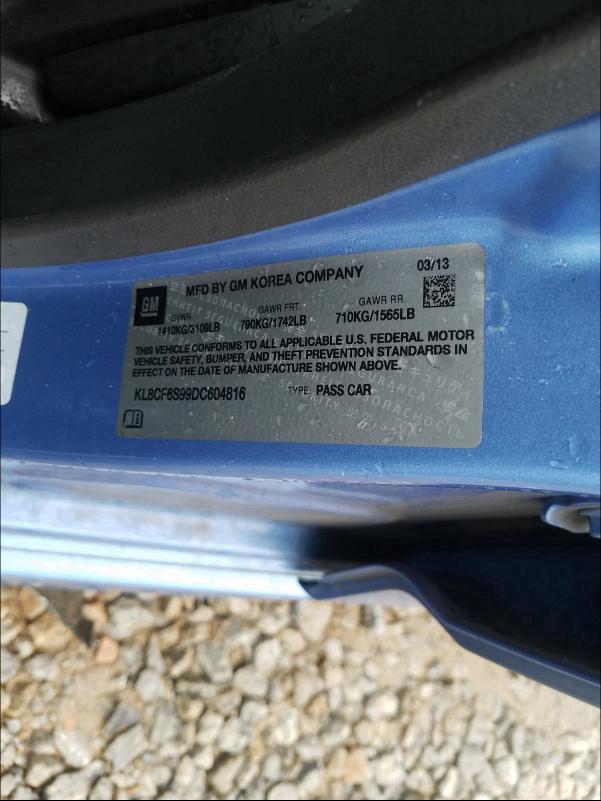 VIN: KL8CF6S99DC604816 Auction: COPART Lot: 29696411 Location: GA - ATLANTA SOUTH KL8CF6S99DC604816 CHEVROLET SPARK 2013 BLUE Photo 10