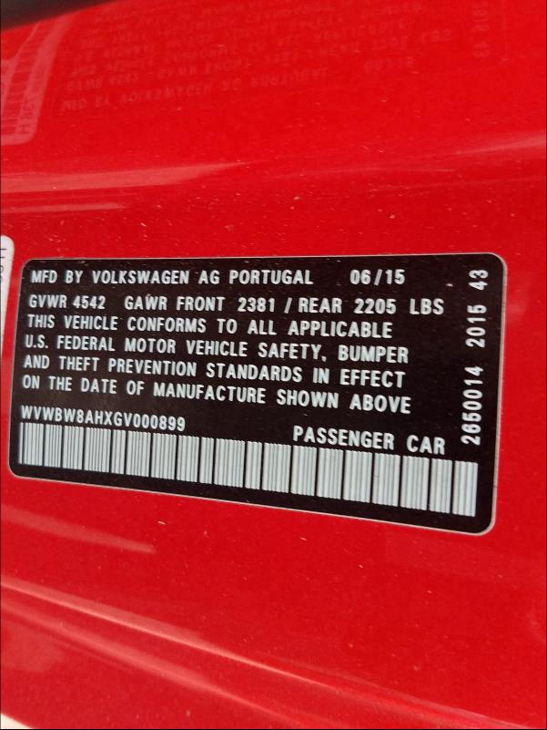 WVWBW8AHXGV000899 2016 Volkswagen Eos Komfor 2 L