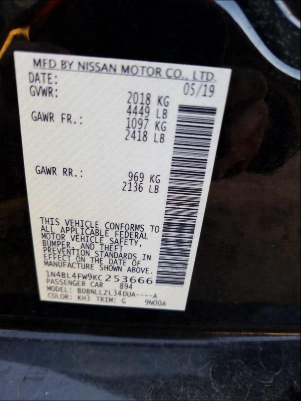 2019 NISSAN ALTIMA PLA 1N4BL4FW9KC253666