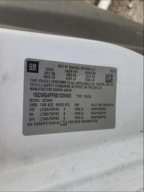 2016 CHEVROLET EXPRESS G2 1GCWGAFF5G1226983