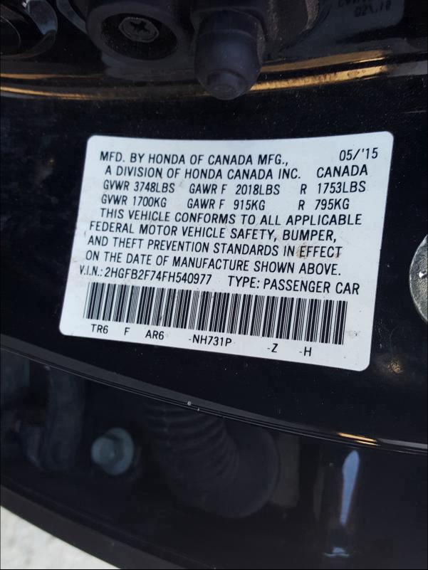 2015 HONDA CIVIC SE 2HGFB2F74FH540977