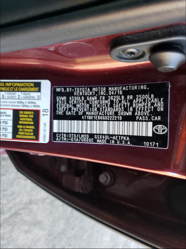 2016 TOYOTA AVALON XLE 4T1BK1EB6GU222219