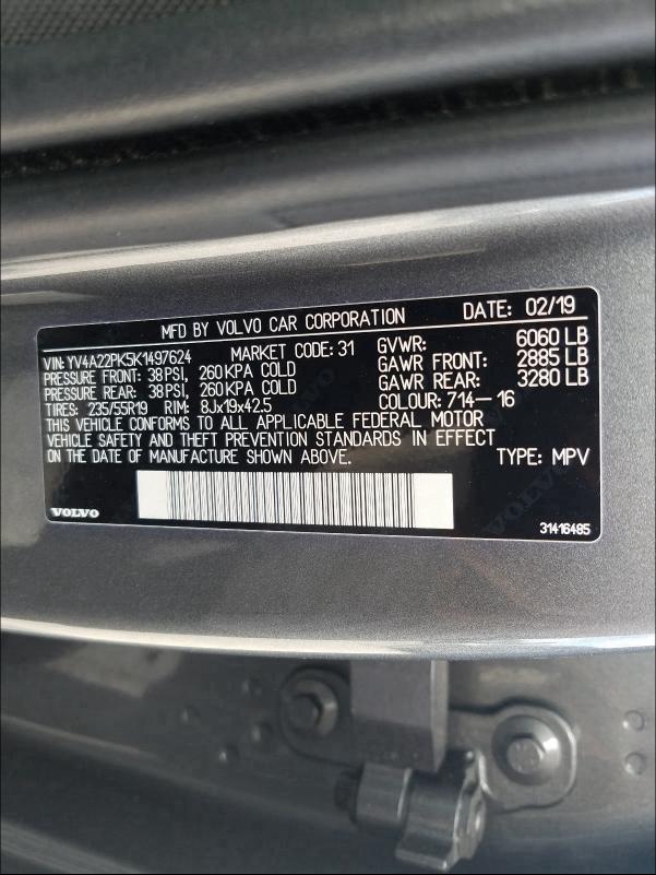 2019 VOLVO XC90 T6 MO YV4A22PK5K1497624