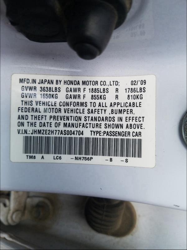 2010 HONDA INSIGHT EX JHMZE2H77AS004704