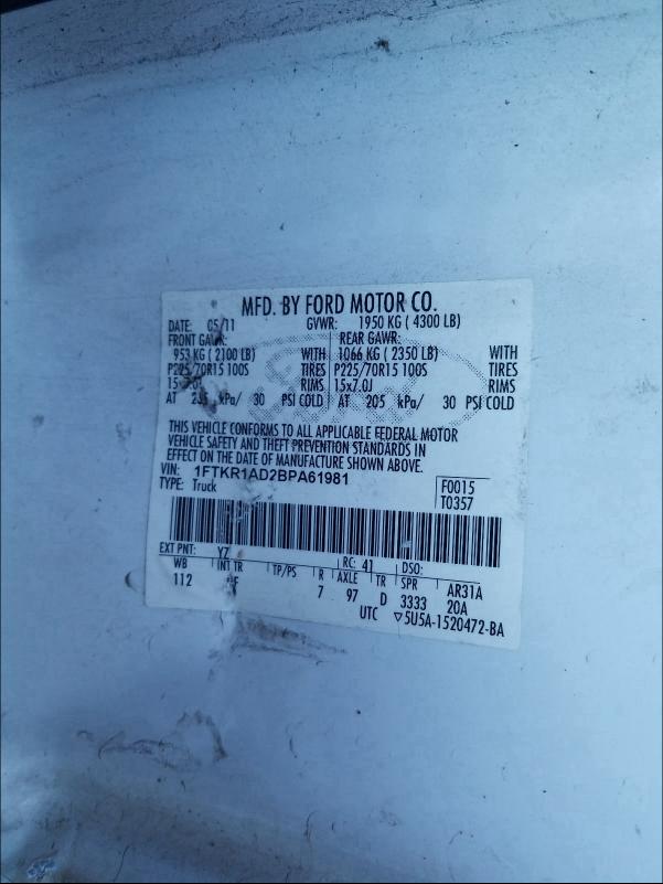 2011 FORD RANGER 1FTKR1AD2BPA61981