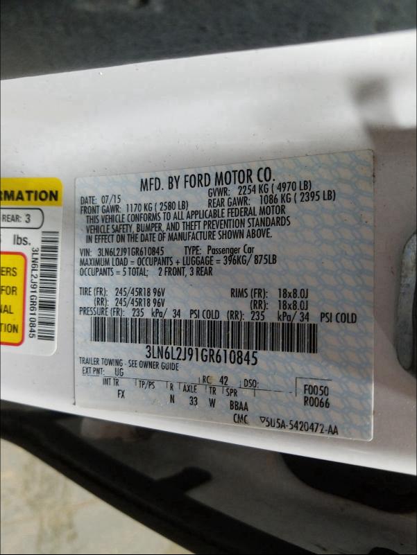 2016 LINCOLN MKZ 3LN6L2J91GR610845