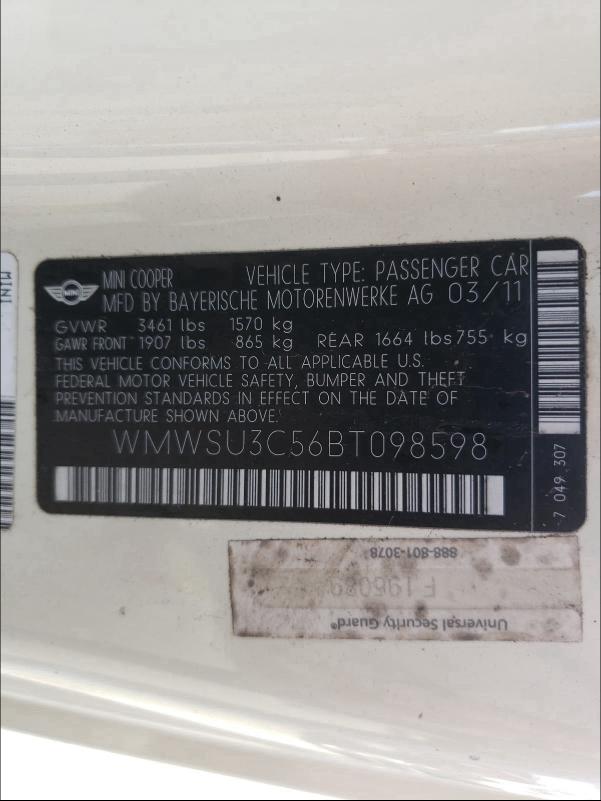 2011 MINI COOPER WMWSU3C56BT098598