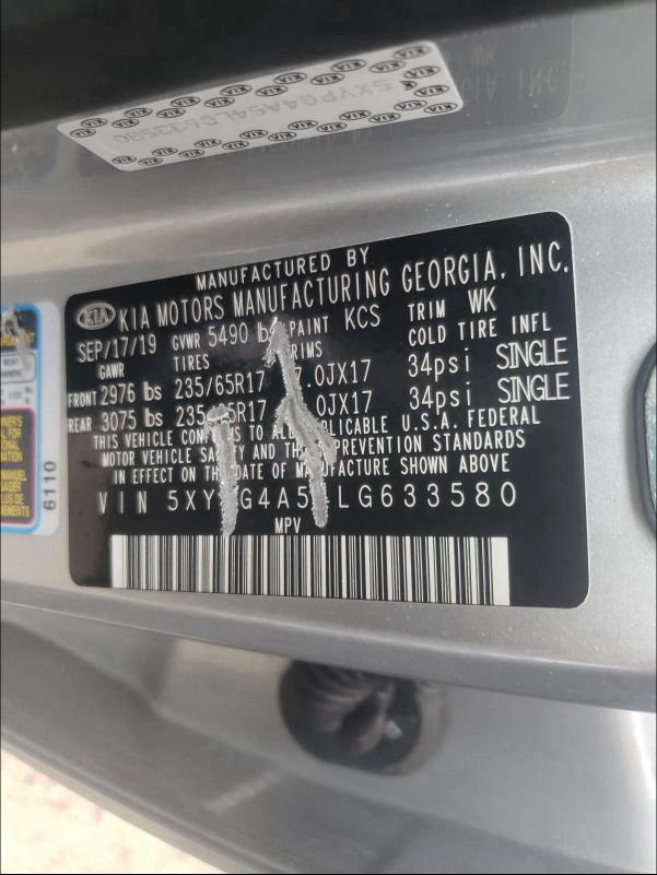 2020 KIA SORENTO S 5XYPG4A54LG633580