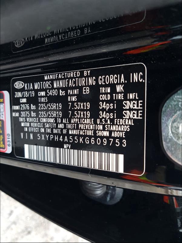 2019 KIA SORENTO EX 5XYPH4A55KG609753