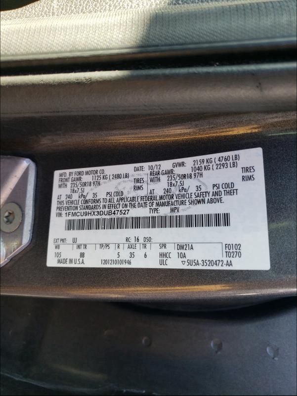 1FMCU9HX3DUB47527 2013 Ford Escape Sel 1.6L