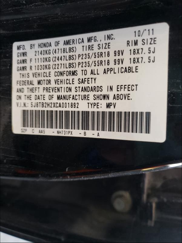 2012 ACURA RDX 5J8TB2H2XCA001892