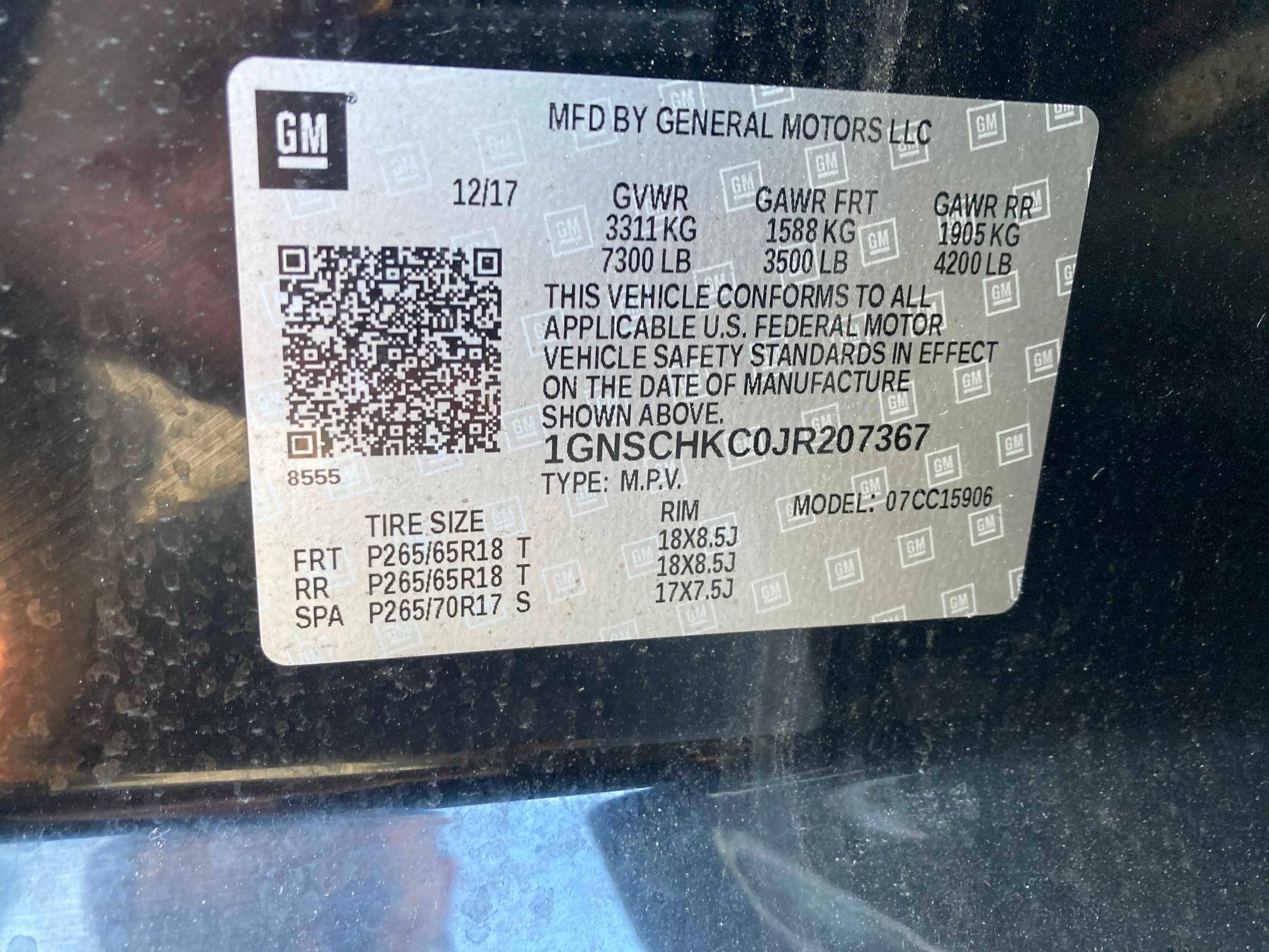2018 CHEVROLET SUBURBAN C 1GNSCHKC0JR207367