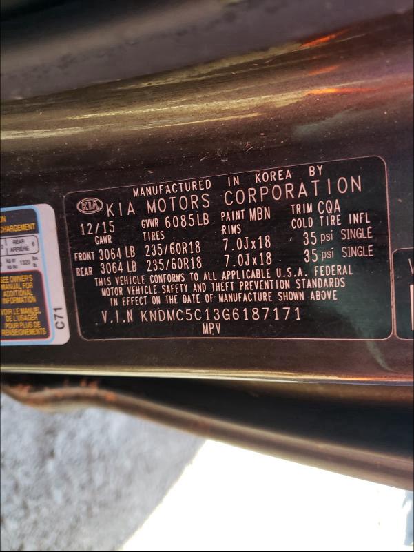 2016 KIA SEDONA EX KNDMC5C13G6187171