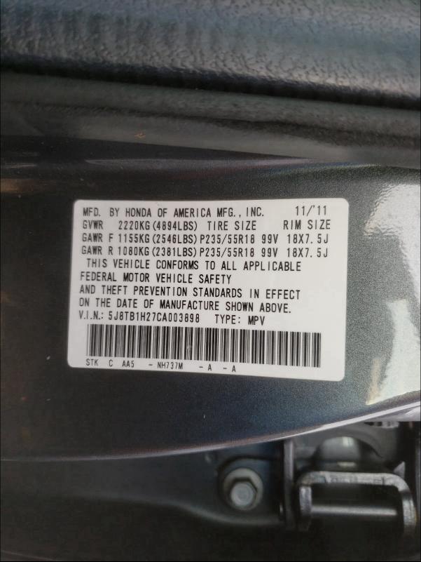 2012 ACURA RDX 5J8TB1H27CA003898