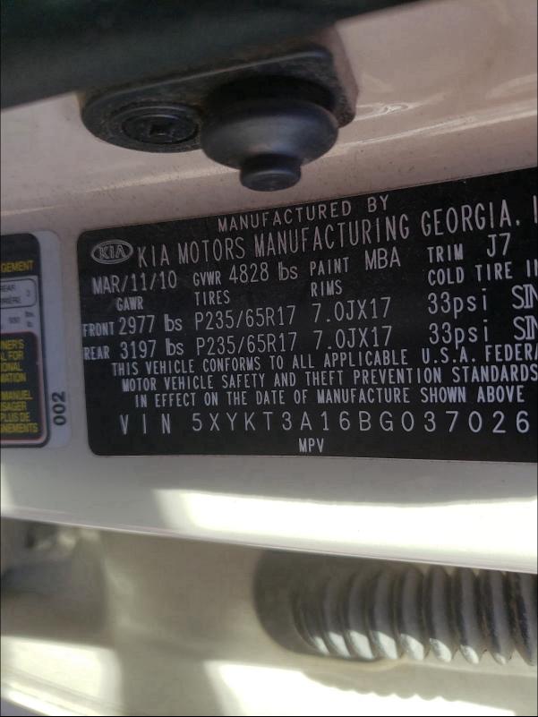 2011 KIA SORENTO BA 5XYKT3A16BG037026