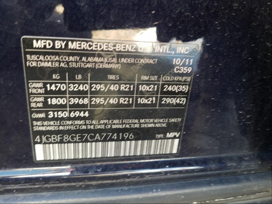2012 MERCEDES-BENZ GL 550 4MA 4JGBF8GE7CA774196