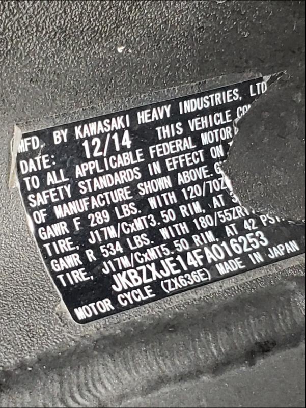 2015 KAWASAKI ZX636 E JKBZXJE14FA016253