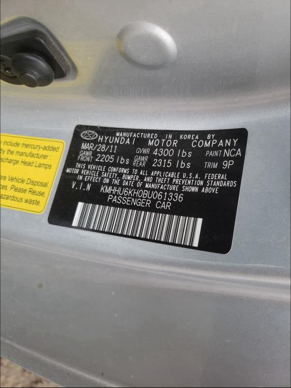 2011 HYUNDAI GENESIS CO KMHHU6KH0BU061336