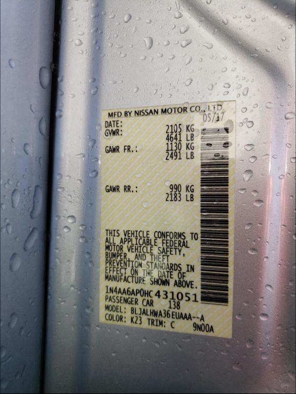 2017 NISSAN MAXIMA 3.5 1N4AA6AP0HC431051