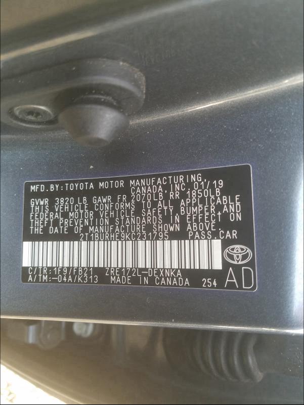 2019 TOYOTA COROLLA L - 2T1BURHE9KC231795