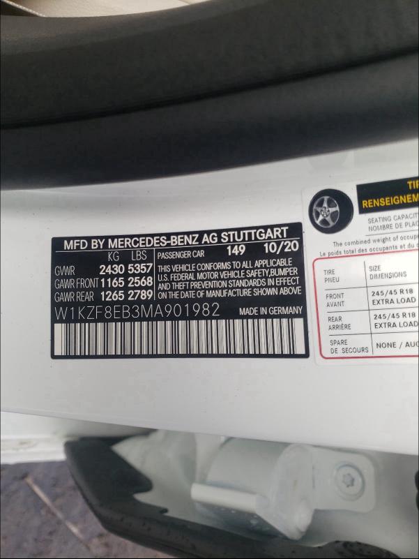 Auction sale of the 2021 MERCEDES BENZ E CLASS , vin: W1KZF8EB3MA901982, lot number: 30820411