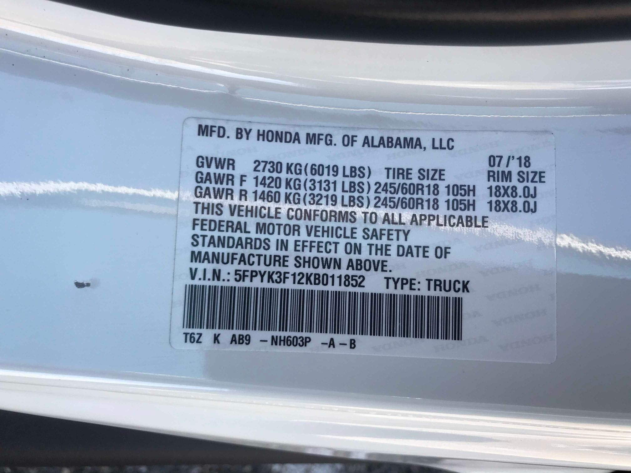 2019 HONDA RIDGELINE 5FPYK3F12KB011852
