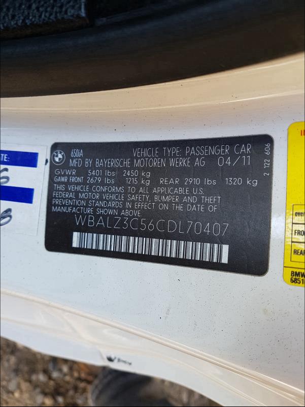 2012 BMW 650 I WBALZ3C56CDL70407