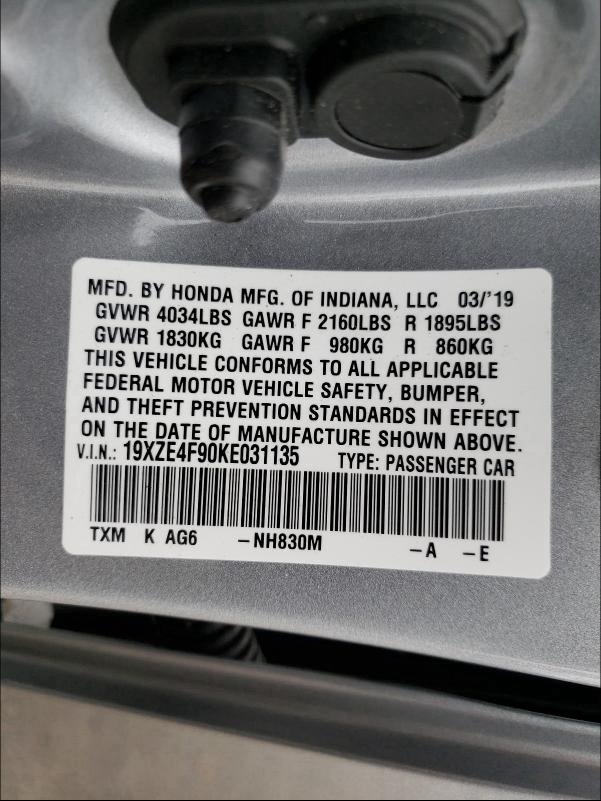2019 HONDA INSIGHT TO 19XZE4F90KE031135