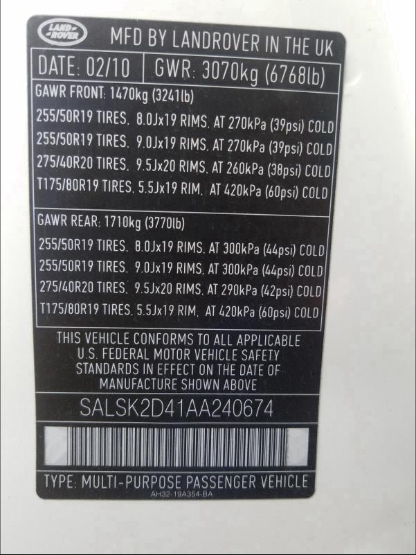 2010 LAND ROVER RANGE ROVE SALSK2D41AA240674