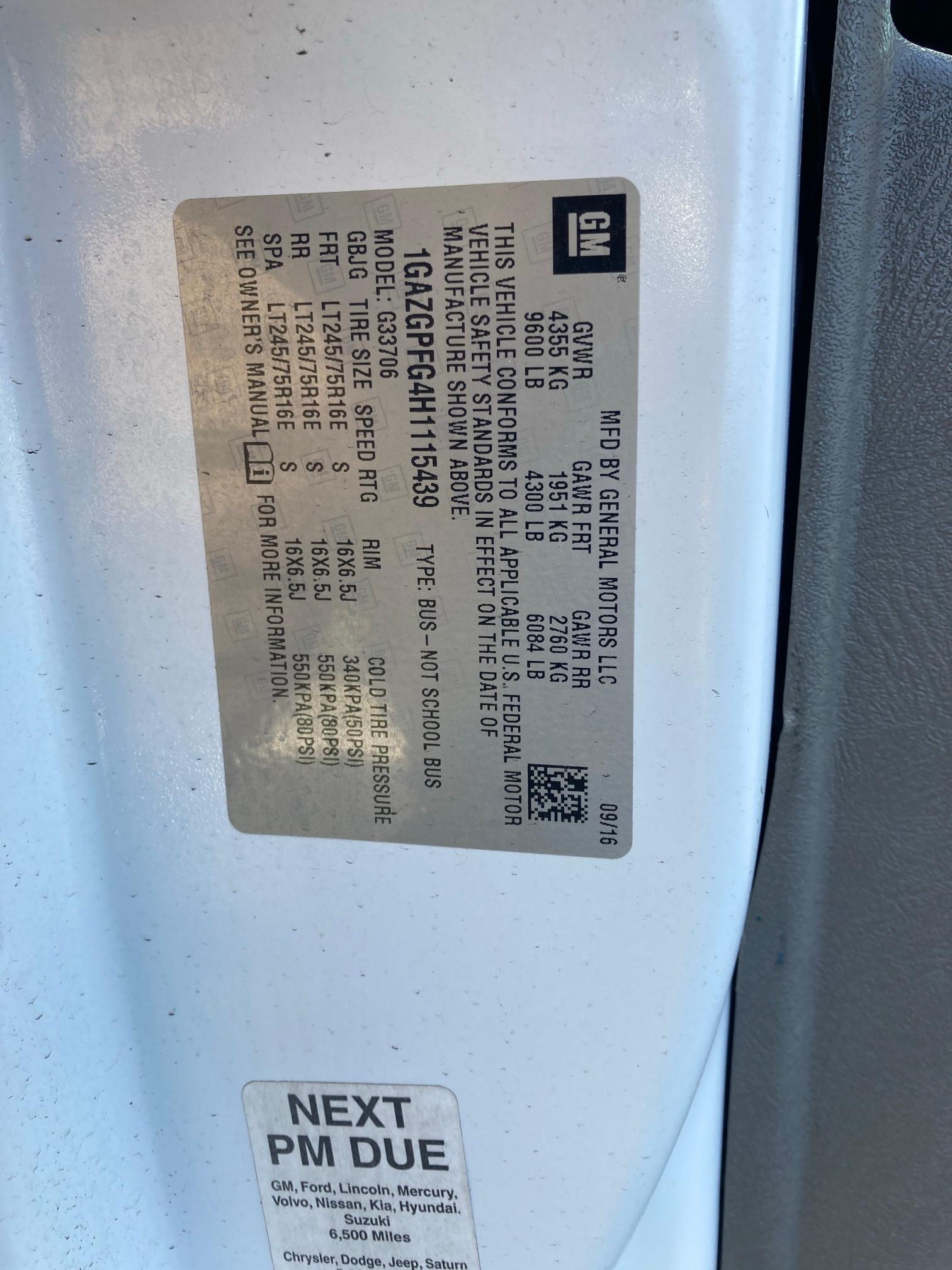 2017 CHEVROLET EXPRESS G3 1GAZGPFG4H1115439