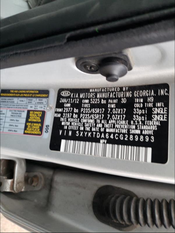 2012 KIA SORENTO BA 5XYKTDA64CG289893