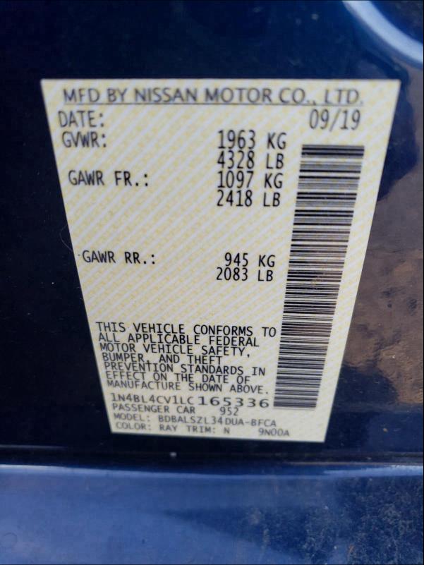 2020 NISSAN ALTIMA SR 1N4BL4CV1LC165336