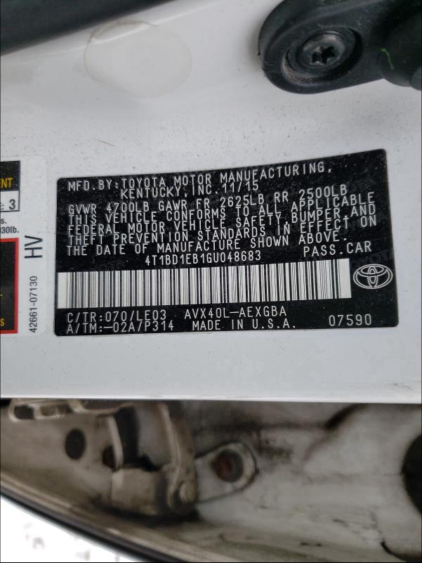 2016 TOYOTA AVALON HYB 4T1BD1EB1GU048683