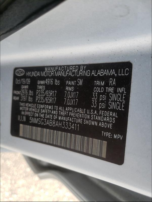 2010 HYUNDAI SANTA FE G 5NMSG3AB8AH333411