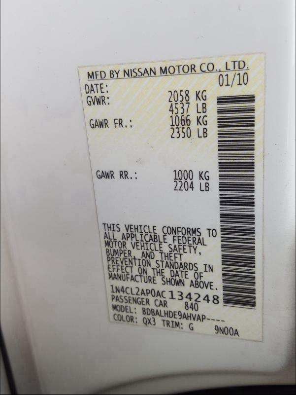 2010 NISSAN ALTIMA HYB 1N4CL2AP0AC134248