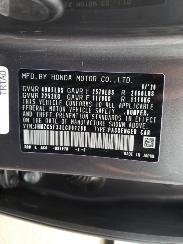 2020 HONDA CLARITY TO JHMZC5F33LC002288