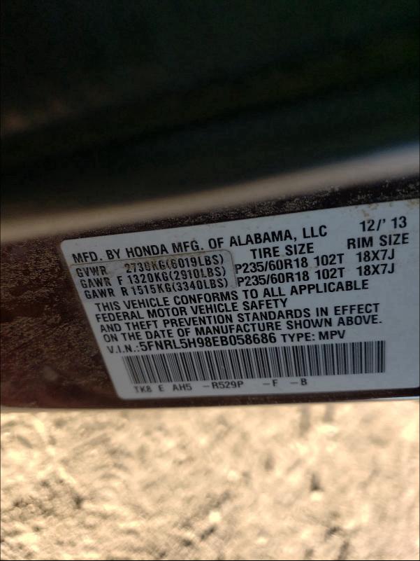 2014 HONDA ODYSSEY TO 5FNRL5H98EB058686