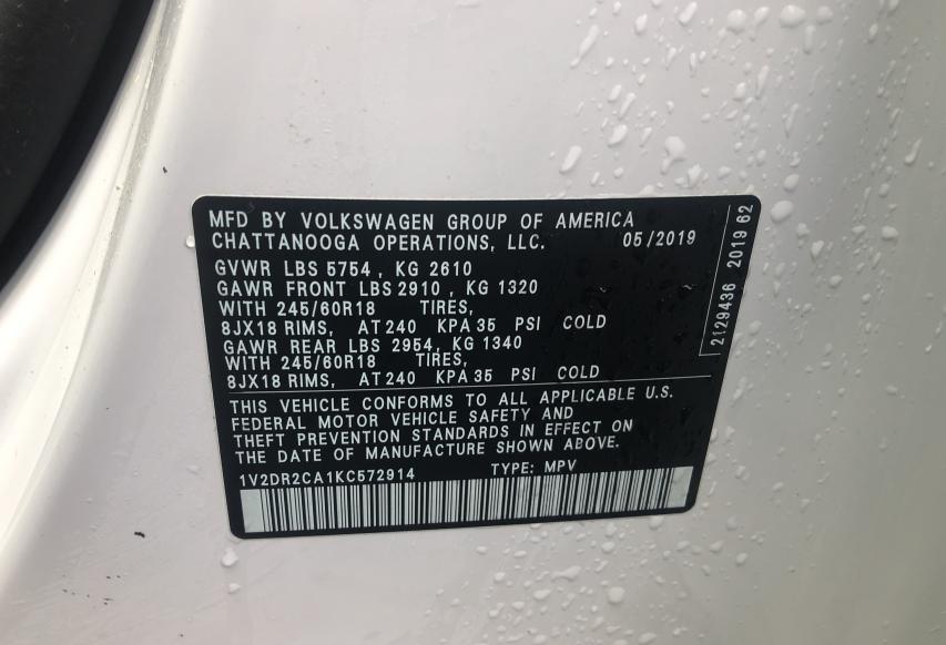 2019 VOLKSWAGEN ATLAS SE 1V2DR2CA1KC572914