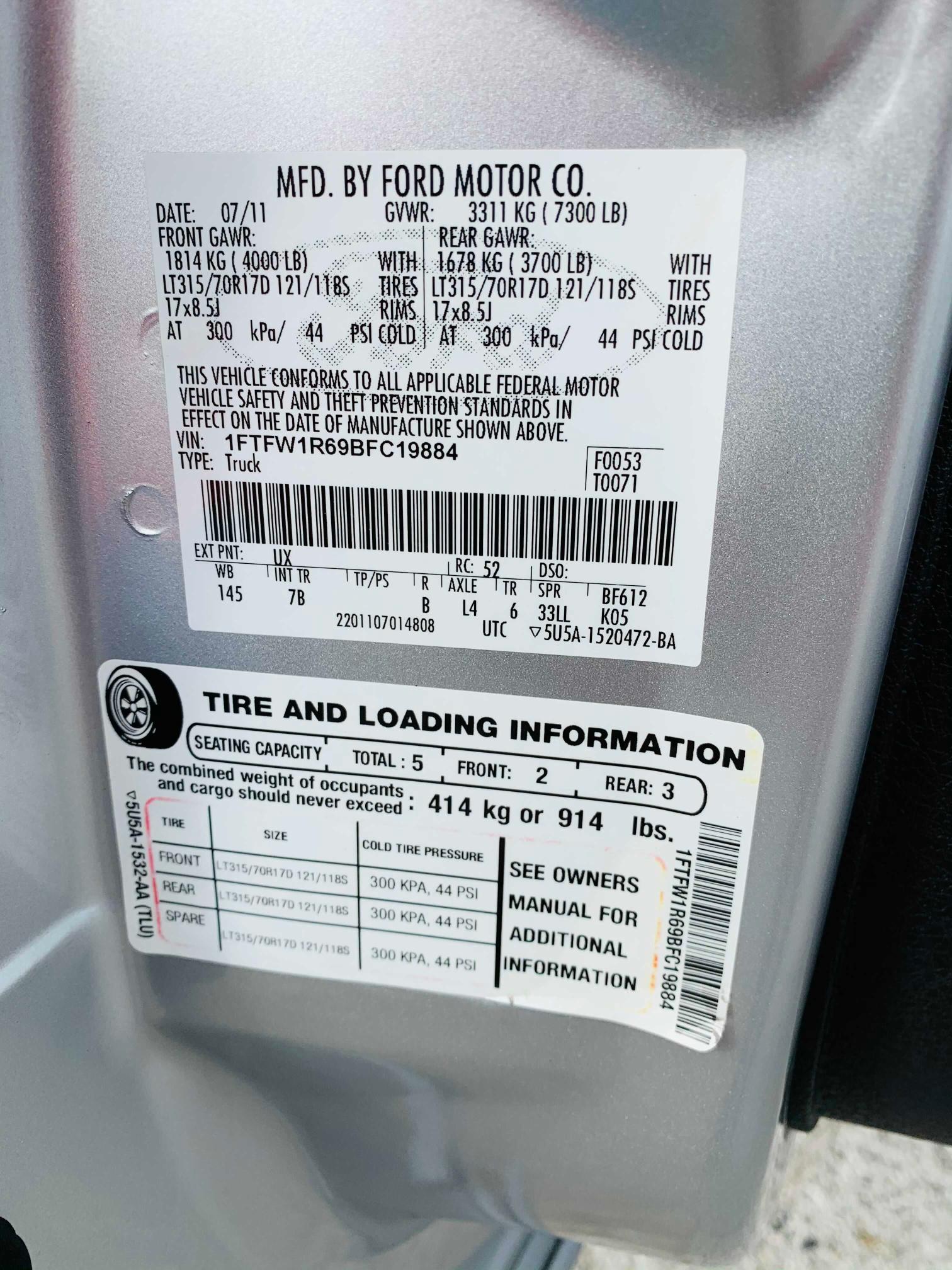 2011 FORD F150 SVT R 1FTFW1R69BFC19884
