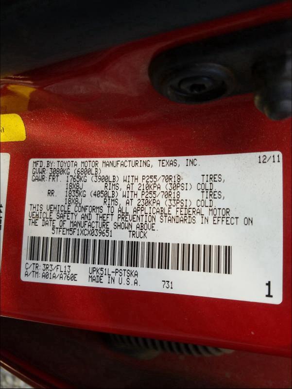 2012 TOYOTA TUNDRA CRE - 5TFEM5F1XCX039651
