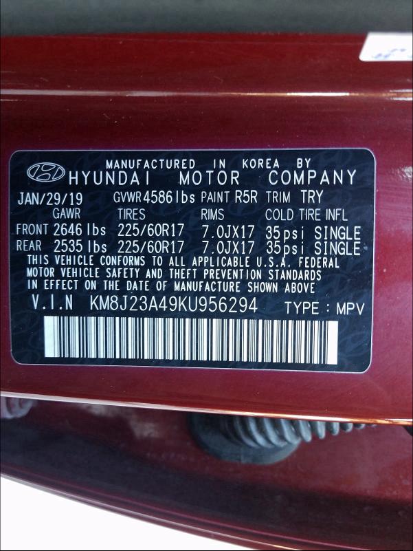 2019 HYUNDAI TUCSON SE KM8J23A49KU956294