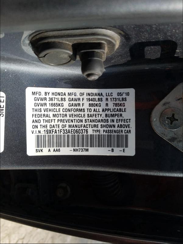 2010 HONDA CIVIC VP 19XFA1F33AE060376