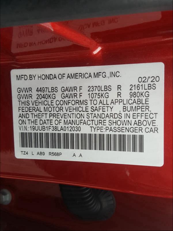 2020 ACURA TLX 19UUB1F38LA012030