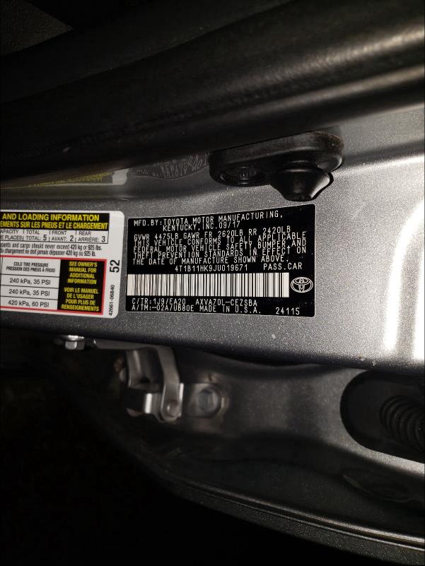 2018 TOYOTA CAMRY 4T1B11HK9JU019671
